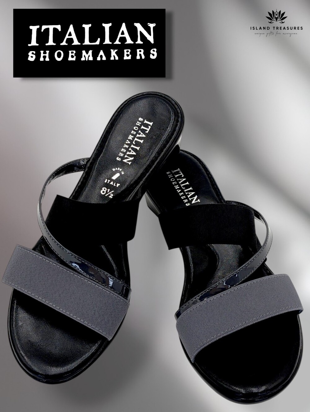 Italian Shoemakers Size 8.5 Black Gray Grosgrain Two-Strap Wedge Slide Sandals